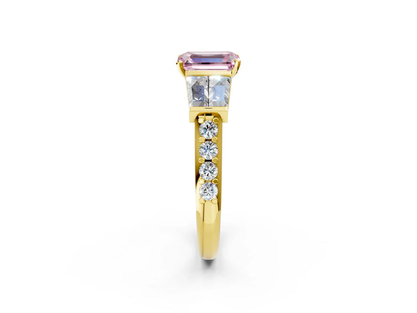 Yellow gold Fancy Pink Emerald Cut Diamond Engagement Ring with Baguette Side Stones and Channel Set Band