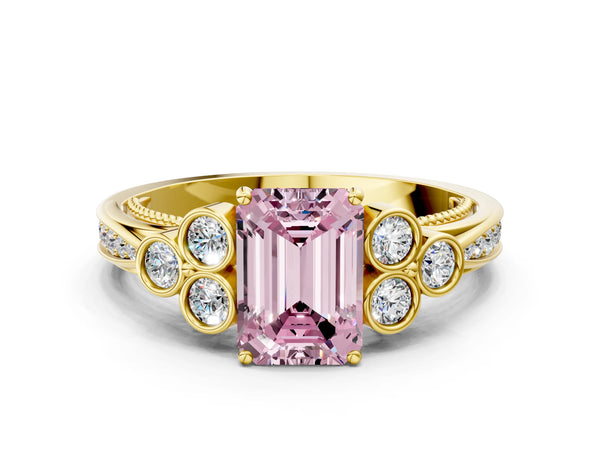 Yellow gold Fancy Pink Emerald  Cut Diamond Engagement Ring with Bezel Set Round Side Stones and Prong Setting
