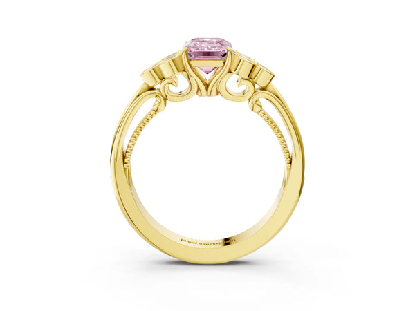 Yellow gold Fancy Pink Emerald  Cut Diamond Engagement Ring with Bezel Set Round Side Stones and Prong Setting