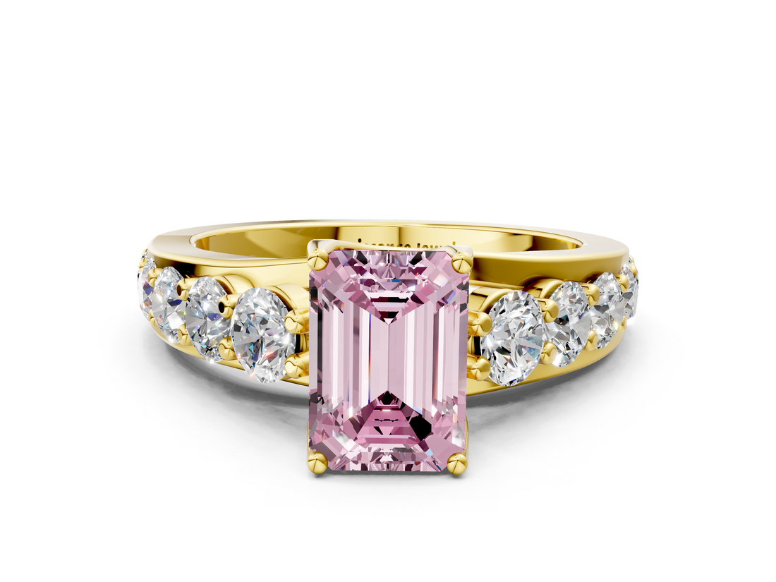 Yellow gold Fancy Pink Emerald  Cut Diamond Engagement Ring with Pavé Band and Four-Prong Setting_3