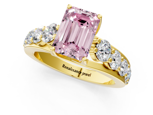 Yellow gold Fancy Pink Emerald Cut Diamond Engagement Ring with Pavé Band and Four-Prong Setting