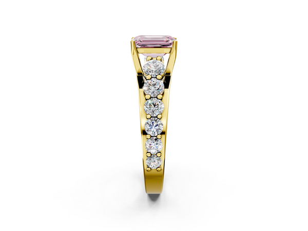 Yellow gold Fancy Pink Emerald Cut Diamond Engagement Ring with Pavé Band and Four-Prong Setting