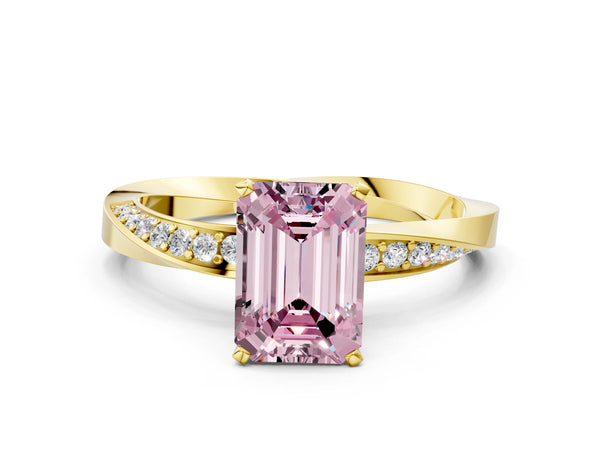 Yellow gold Fancy Pink Emerald Cut Diamond Engagement Ring with Side Stone Accents and Four-Prong Setting