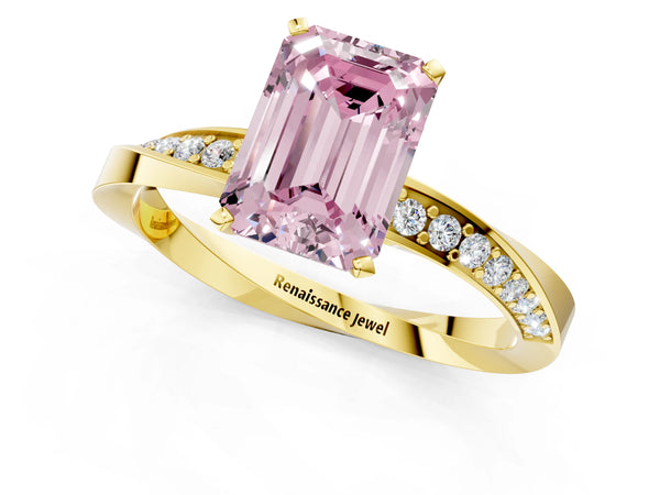 Yellow gold Fancy Pink Emerald Cut Diamond Engagement Ring with Side Stone Accents and Four-Prong Setting