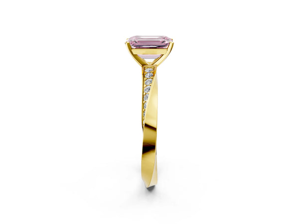 Yellow gold Fancy Pink Emerald Cut Diamond Engagement Ring with Side Stone Accents and Four-Prong Setting