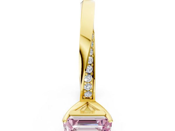 Yellow gold Fancy Pink Emerald Cut Diamond Engagement Ring with Side Stone Accents and Four-Prong Setting