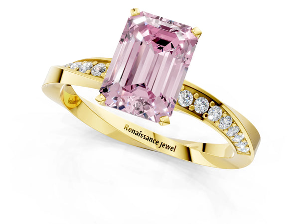 Yellow gold Fancy Pink Emerald Cut Diamond Engagement Ring with Side Stone Accents and Four-Prong Setting