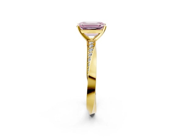Yellow gold Fancy Pink Emerald Cut Diamond Engagement Ring with Side Stone Accents and Four-Prong Setting