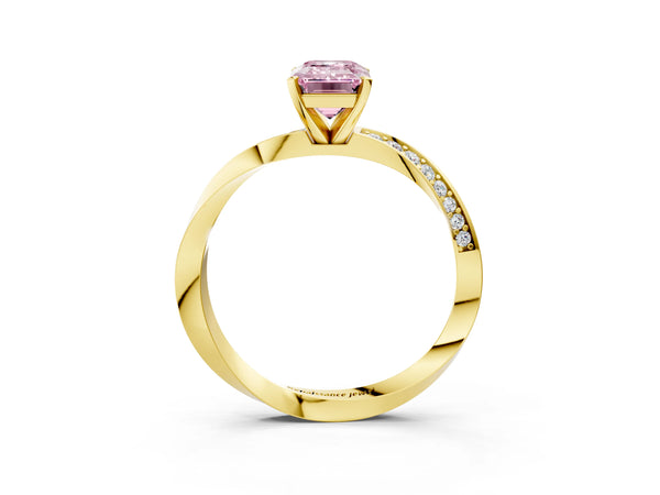 Yellow gold Fancy Pink Emerald Cut Diamond Engagement Ring with Side Stone Accents and Four-Prong Setting