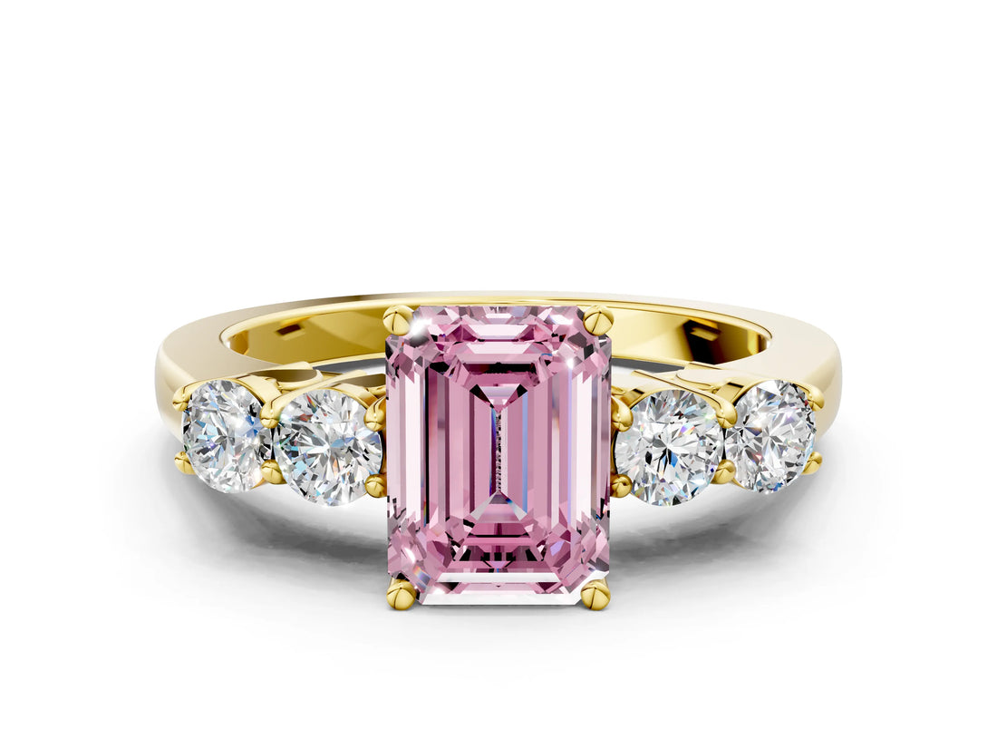 Yellow gold Fancy Pink Emerald  Cut Diamond Five-Stone Prong Set White Gold Ring_31