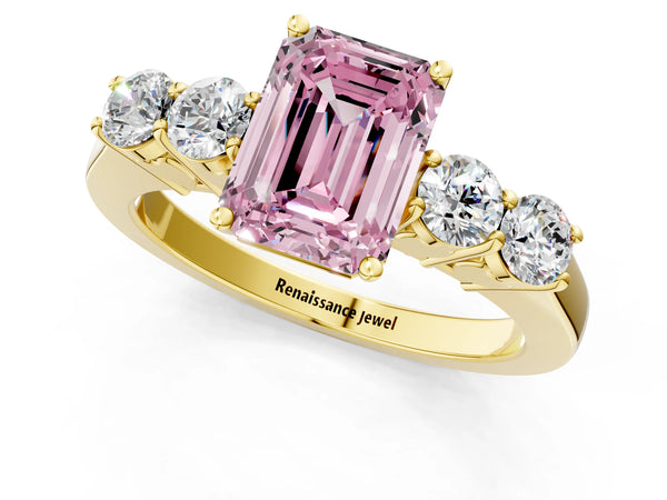 Yellow gold Fancy Pink Emerald  Cut Diamond Five-Stone Prong Set White Gold Ring