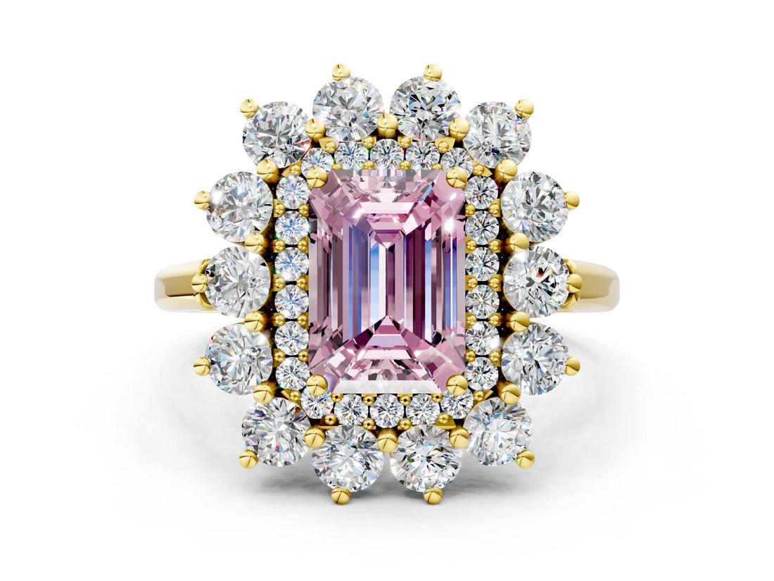 Yellow gold Fancy Pink Emerald Cut Diamond Floral Double Halo Engagement Ring with Prong Setting_24