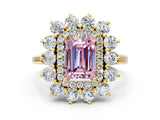 Yellow gold Fancy Pink Emerald Cut Diamond Floral Double Halo Engagement Ring with Prong Setting_24