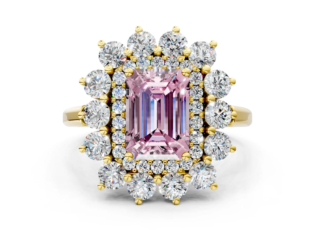 Yellow gold Fancy Pink Emerald Cut Diamond Floral Double Halo Engagement Ring with Prong Setting_60