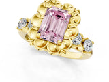 Yellow gold Fancy Pink Emerald  Cut Diamond Floral Halo Engagement Ring with Shared Prong Setting 1