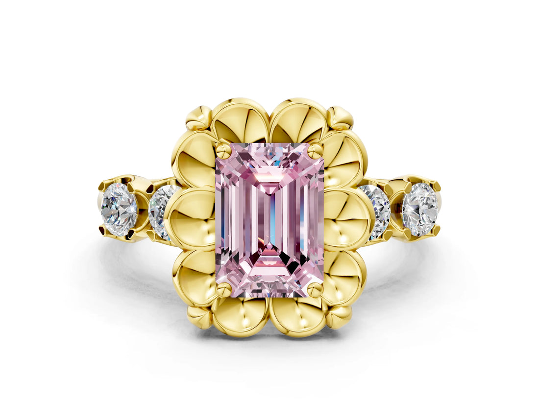 Yellow gold Fancy Pink Emerald  Cut Diamond Floral Halo Engagement Ring with Shared Prong Setting