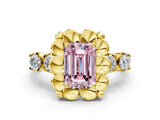 Yellow gold Fancy Pink Emerald  Cut Diamond Floral Halo Engagement Ring with Shared Prong Setting