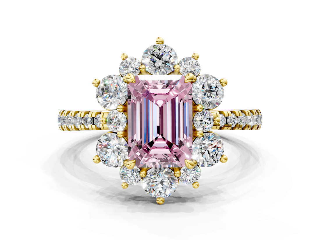 Yellow gold Fancy Pink Emerald  Cut Diamond Floral Halo Pave Band with Prong Setting_37