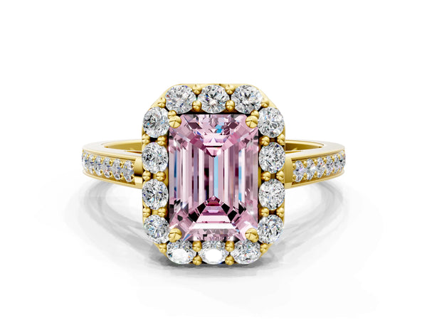 Yellow gold Fancy Pink Emerald Cut Diamond Floral Halo Ring with Pavé Band and Prong Setting