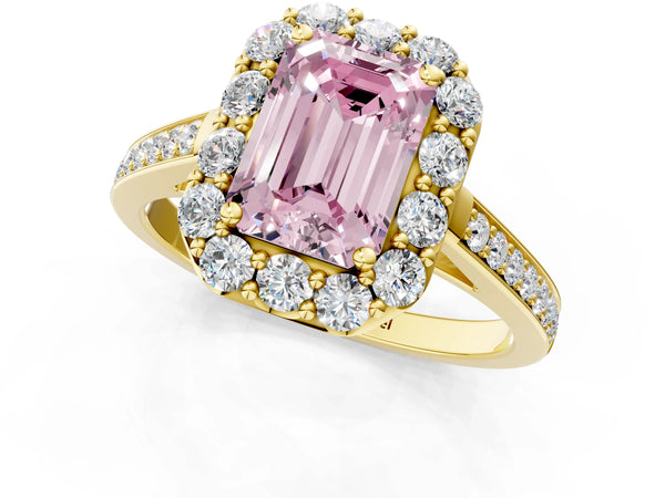 Yellow gold Fancy Pink Emerald Cut Diamond Floral Halo Ring with Pavé Band and Prong Setting