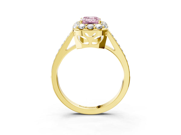 Yellow gold Fancy Pink Emerald Cut Diamond Floral Halo Ring with Pavé Band and Prong Setting