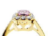 Yellow gold Fancy Pink Emerald Cut Diamond Floral Halo Ring with Pavé Band and Prong Setting_7