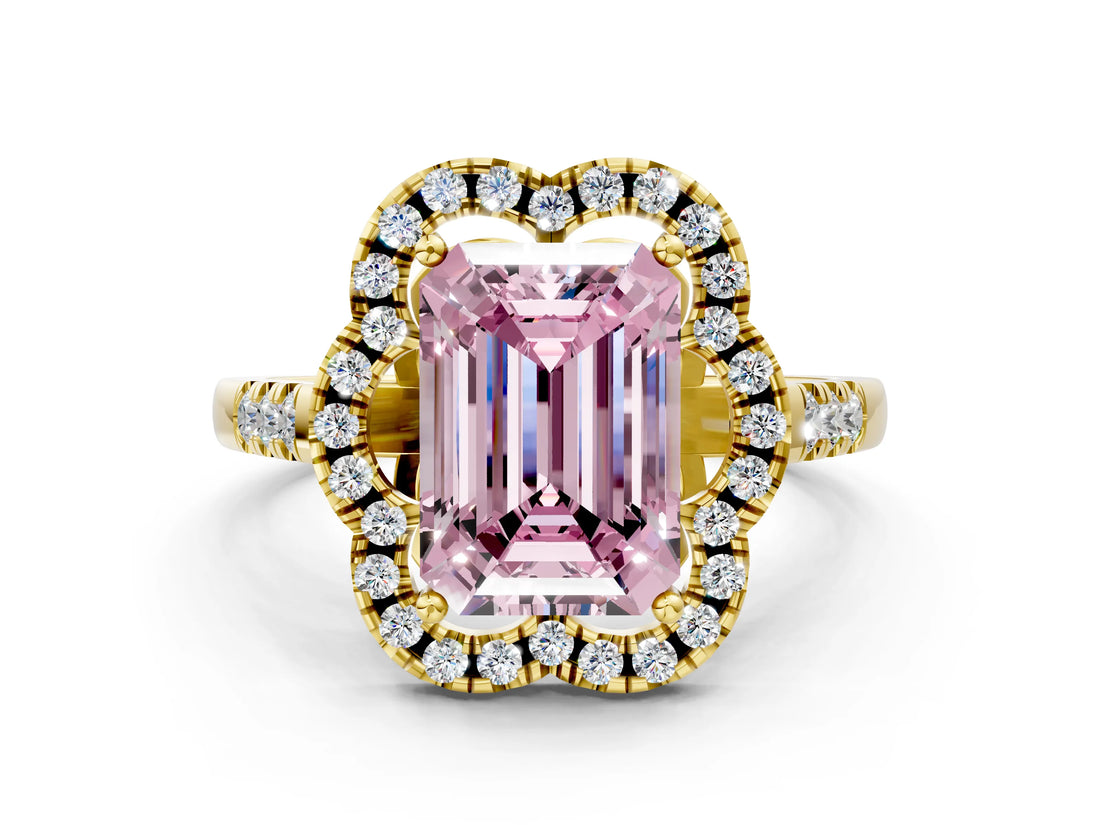 Yellow gold Fancy Pink Emerald Cut Diamond Floral Halo Split Shank Prong Setting Ring