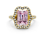 Yellow gold Fancy Pink Emerald Cut Diamond Floral Halo Split Shank Prong Setting Ring