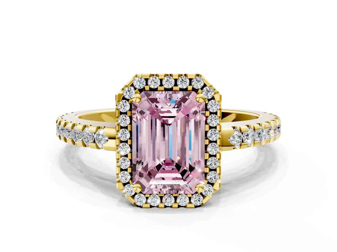 Yellow gold Fancy Pink Emerald Cut Diamond Halo Engagement Ring with Pavé Band and Prong Setting_27