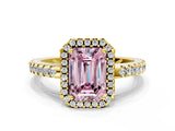 Yellow gold Fancy Pink Emerald Cut Diamond Halo Engagement Ring with Pavé Band and Prong Setting_27