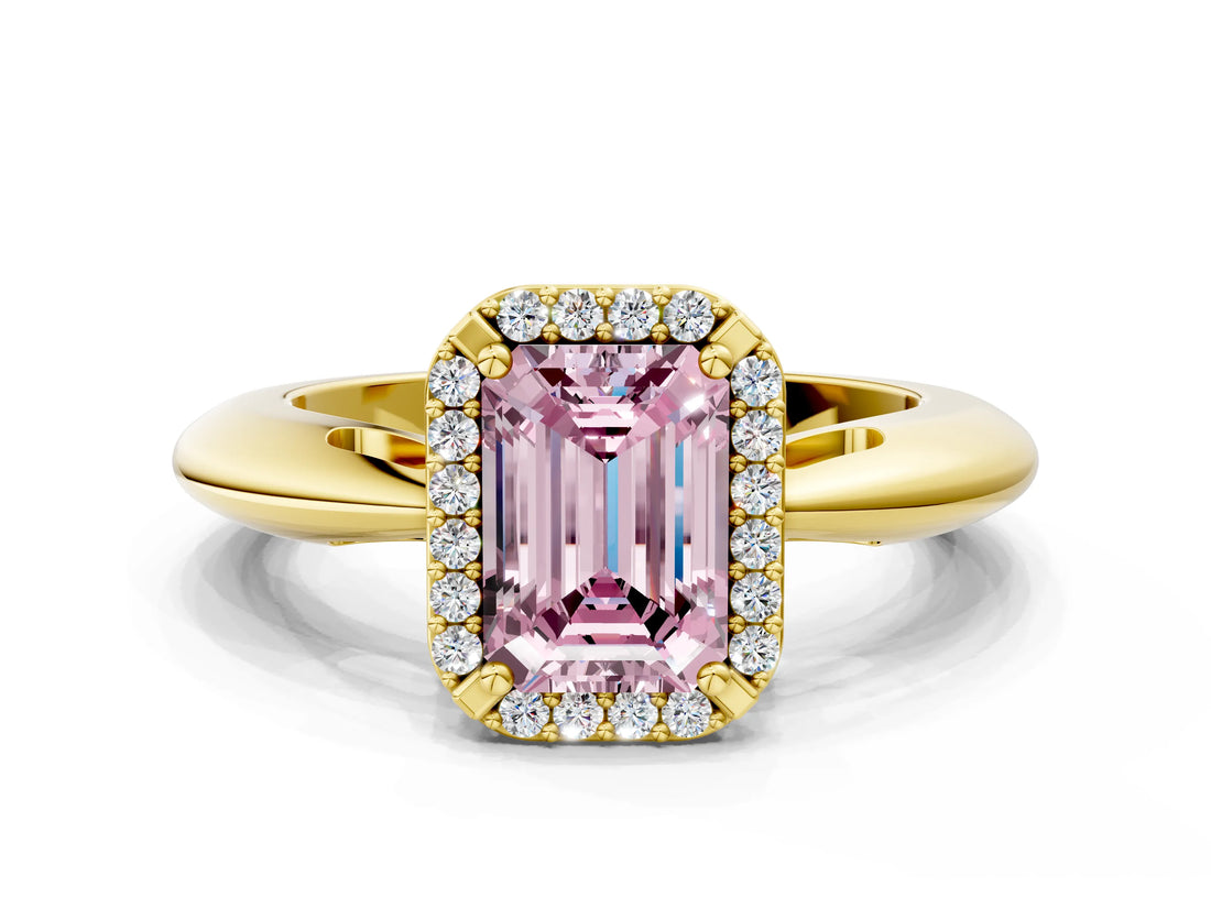 Yellow gold Fancy Pink Emerald  Cut Diamond Halo Engagement Ring with Split Shank and Four-Prong Setting_90