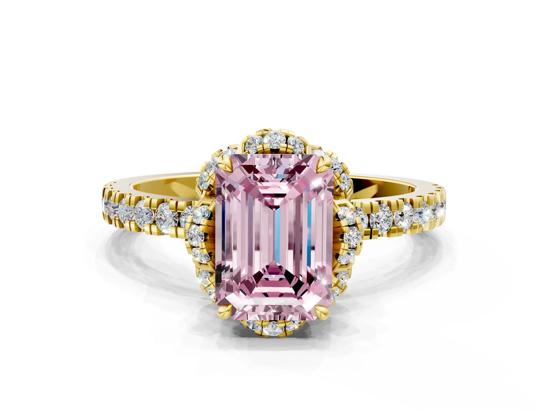 Yellow gold Fancy Pink Emerald Cut Diamond Halo Pave Band with Four-Prong Setting_3