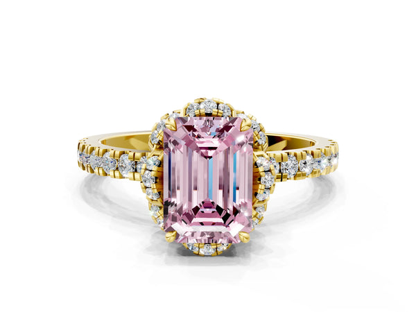 Yellow Gold Emerald Cut Four Petal Floral Halo Engagement Ring Setting for Fancy Pink Center