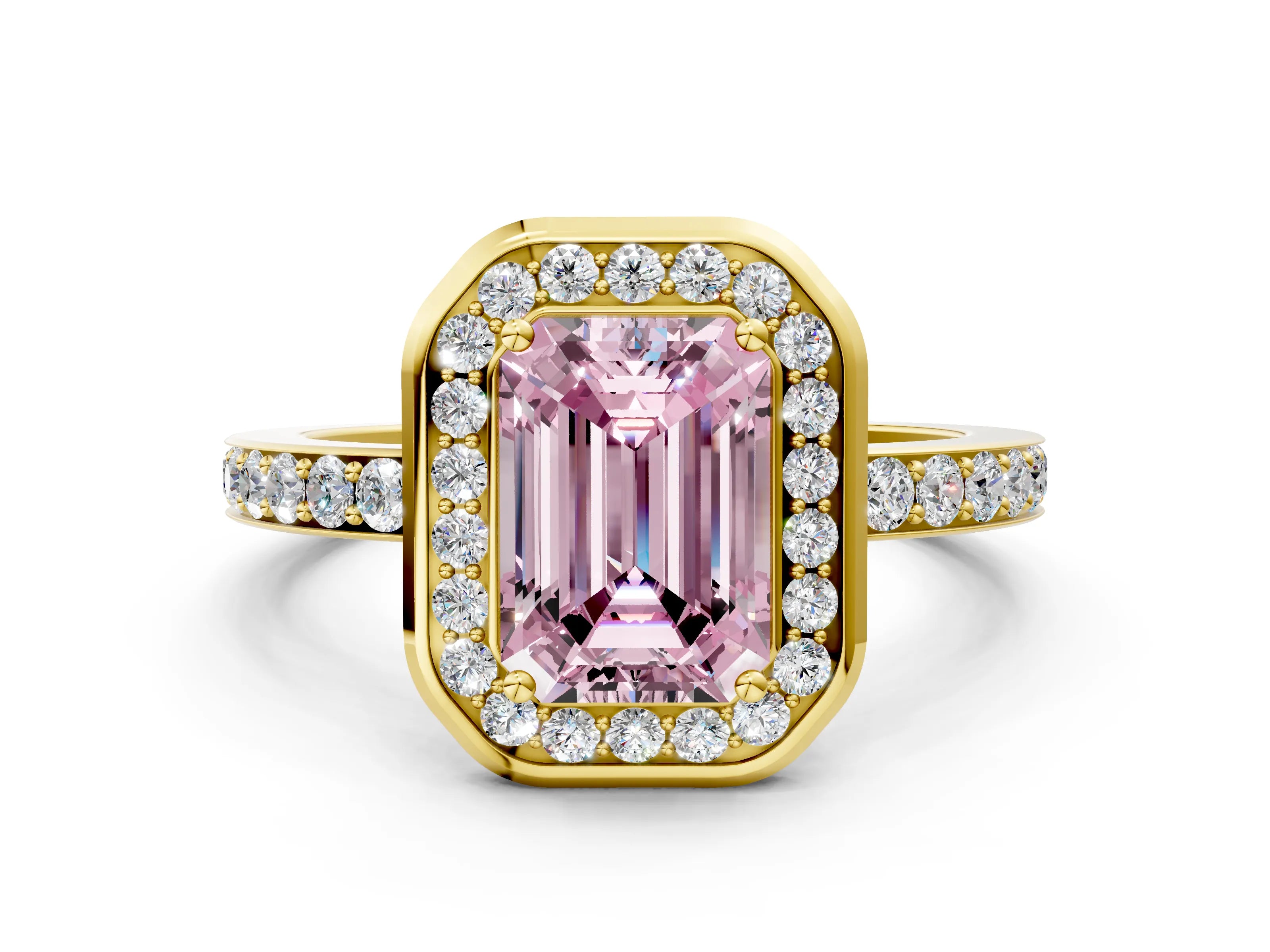 Yellow gold Fancy Pink Emerald Cut Diamond Halo Ring with Bezel Frame and Pavé Band