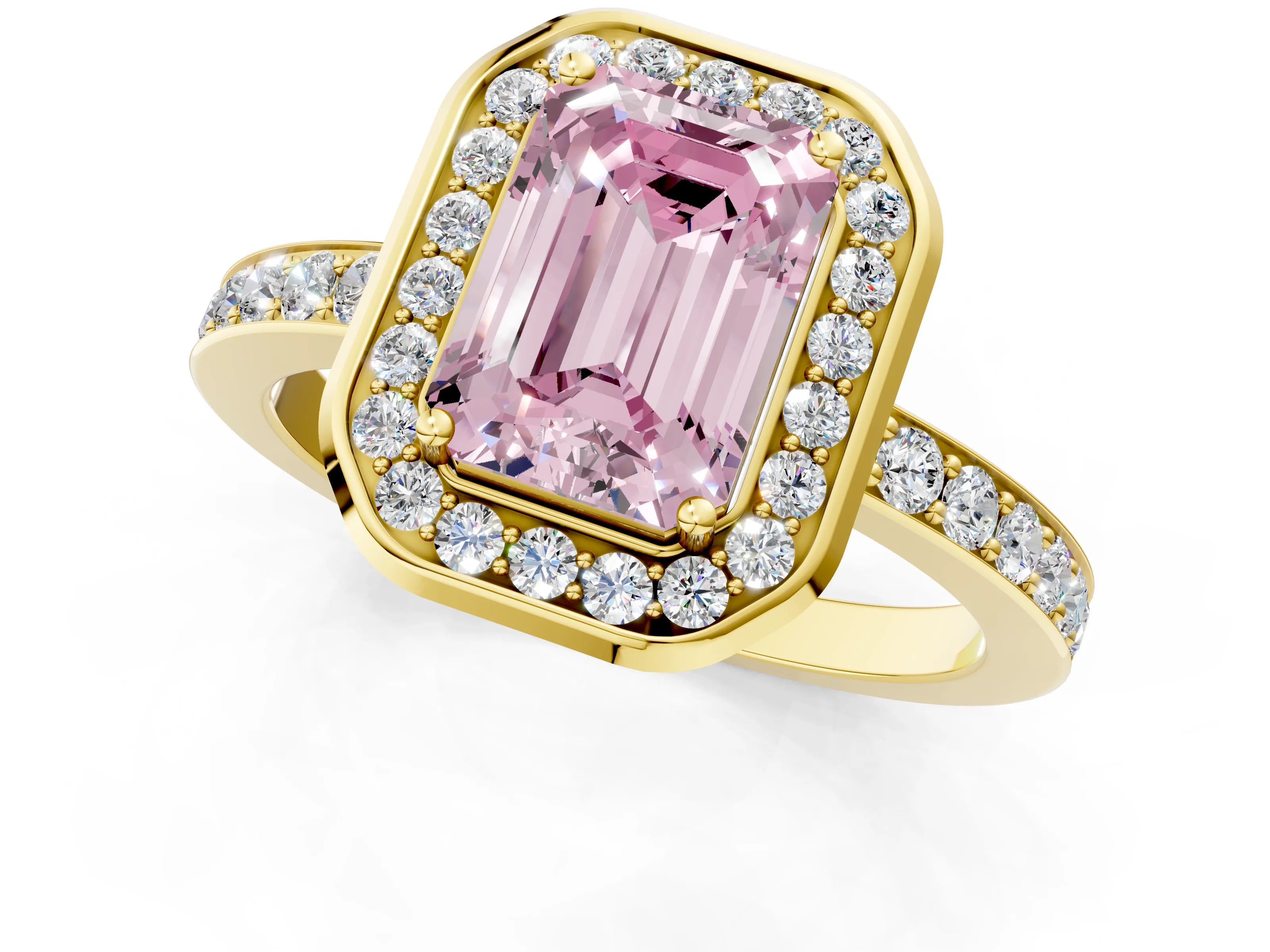 Yellow gold Fancy Pink Emerald Cut Diamond Halo Ring with Bezel Frame and Pavé Band_1