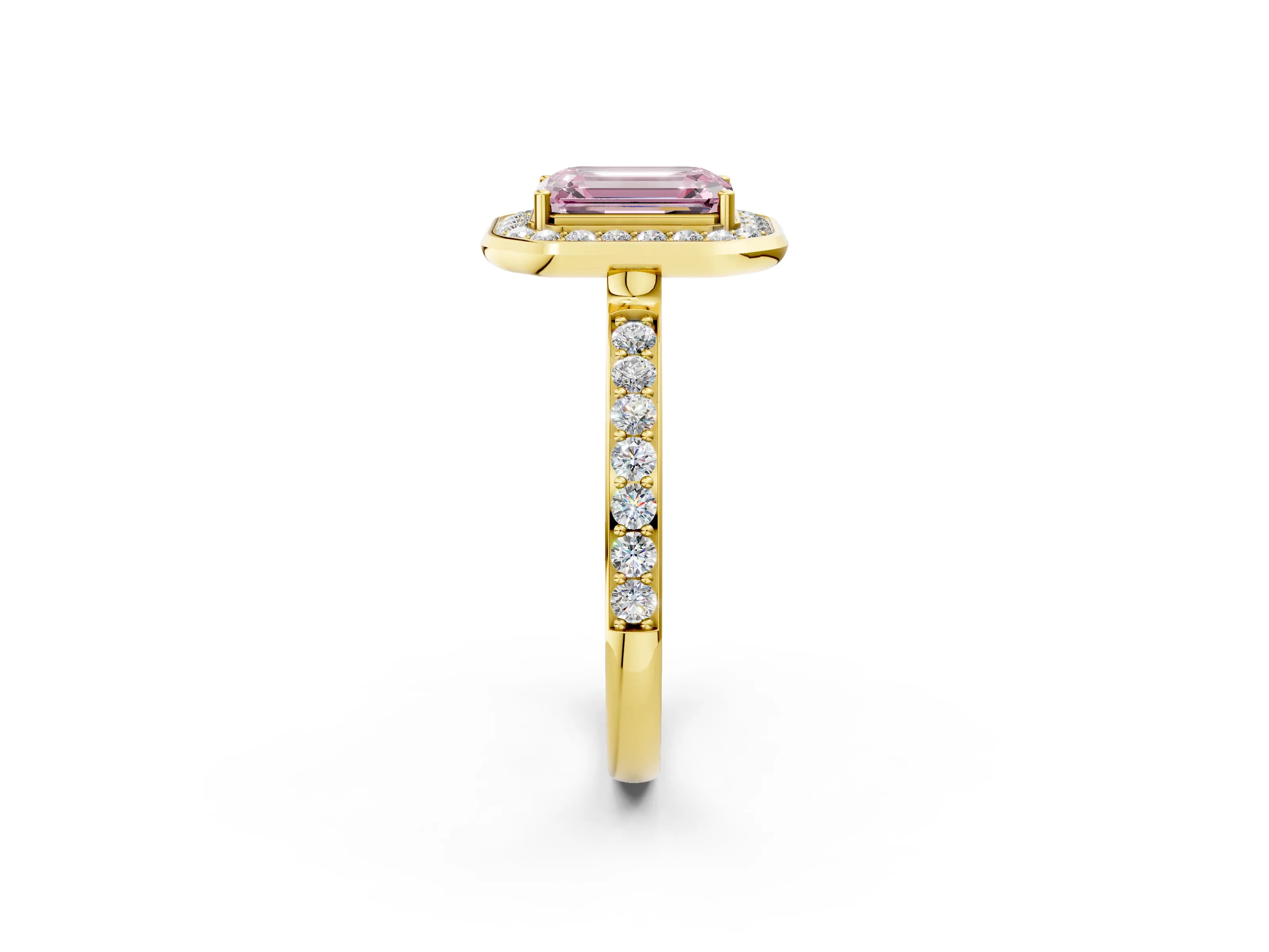 Yellow gold Fancy Pink Emerald Cut Diamond Halo Ring with Bezel Frame and Pavé Band_2