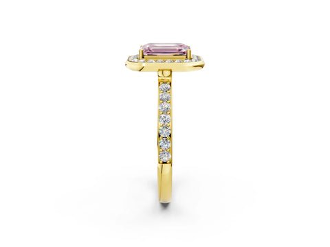 Yellow gold Fancy Pink Emerald Cut Diamond Halo Ring with Bezel Frame and Pavé Band_2