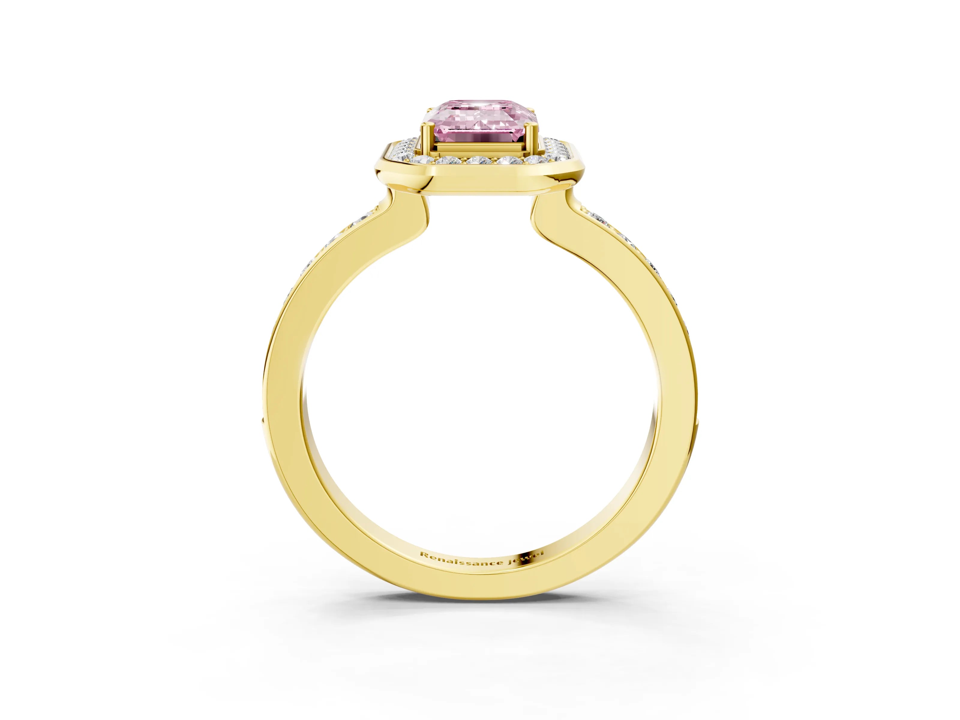 Yellow gold Fancy Pink Emerald Cut Diamond Halo Ring with Bezel Frame and Pavé Band_3