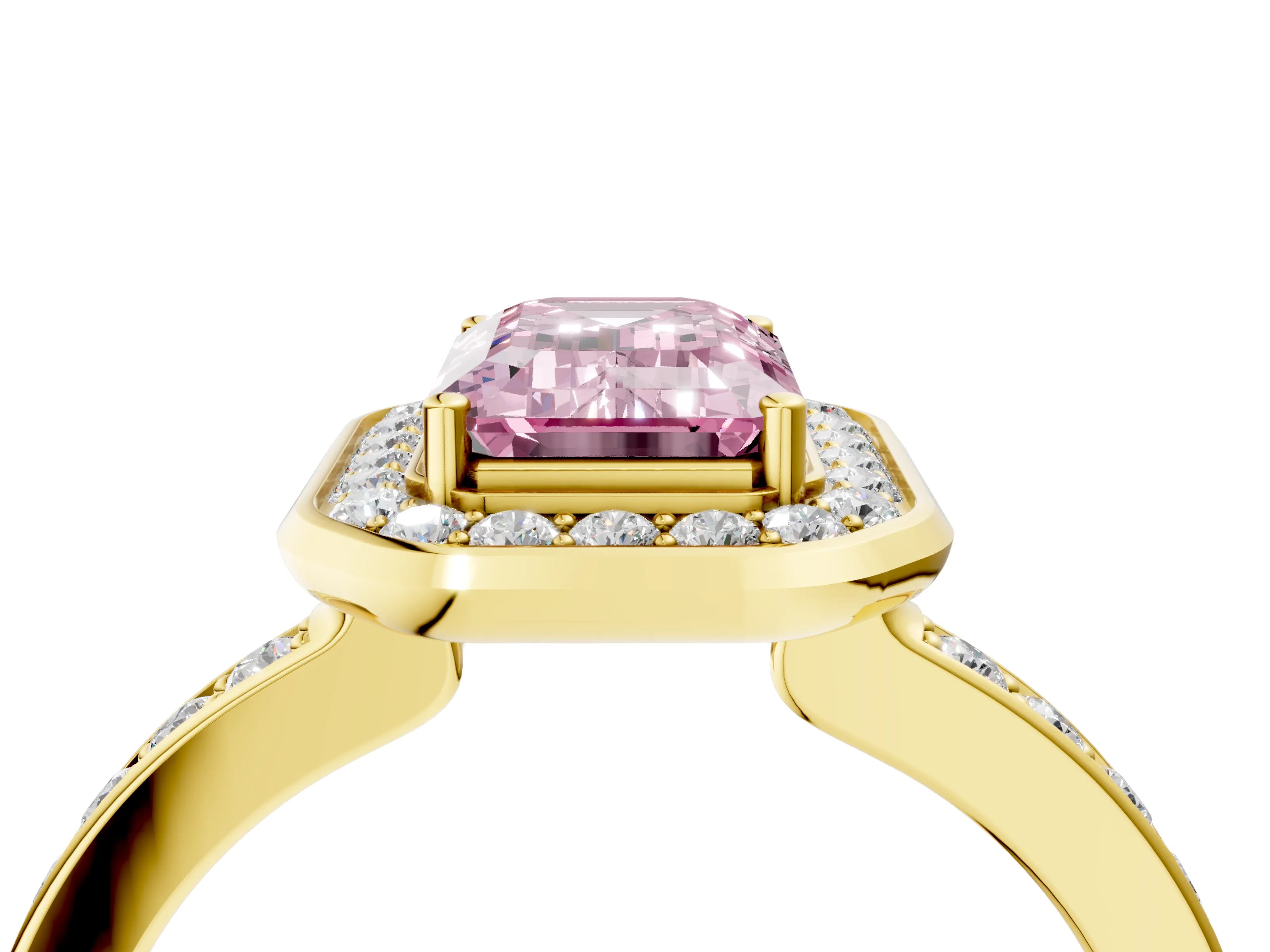 Yellow gold Fancy Pink Emerald Cut Diamond Halo Ring with Bezel Frame and Pavé Band_4