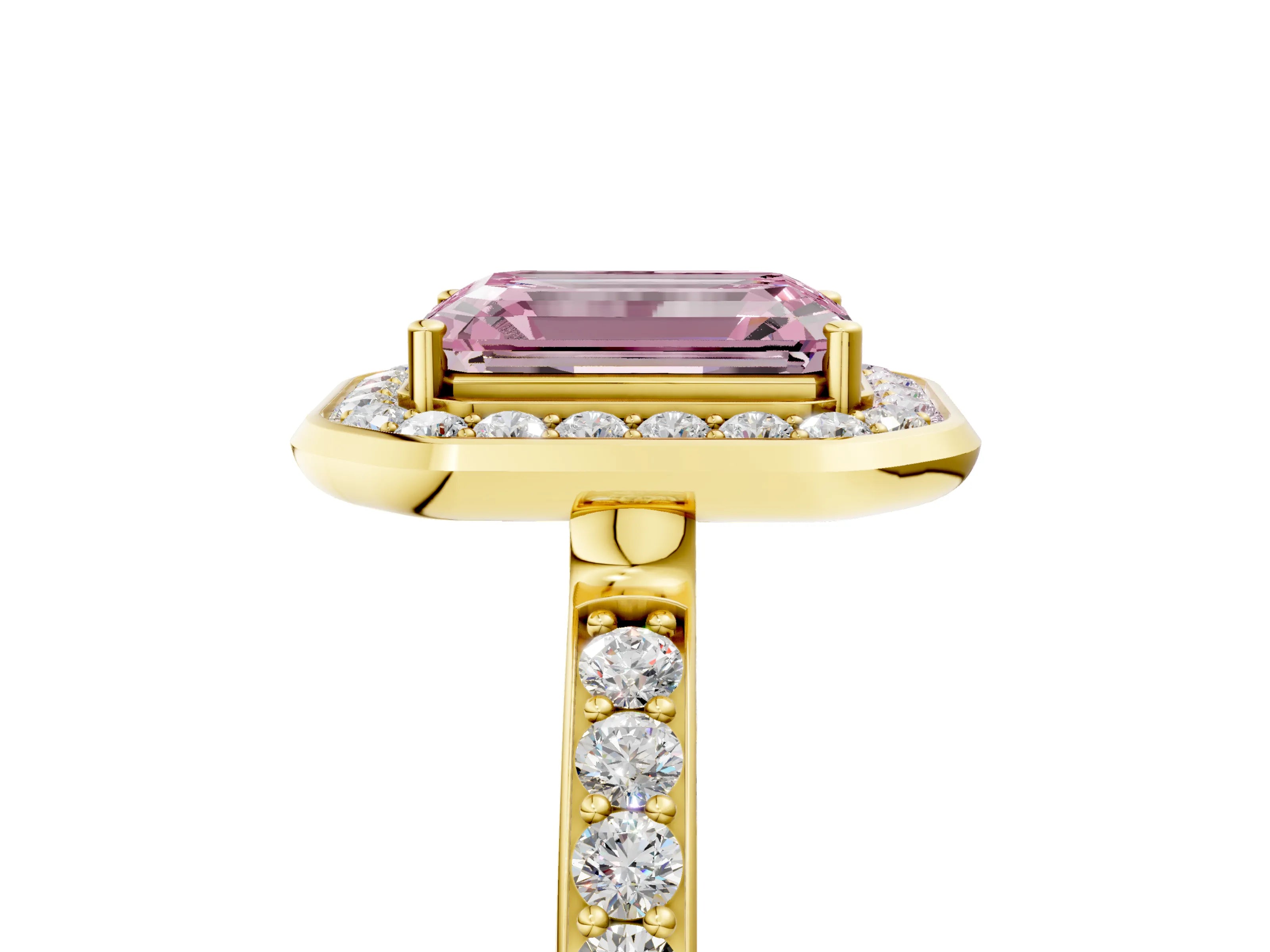 Yellow gold Fancy Pink Emerald Cut Diamond Halo Ring with Bezel Frame and Pavé Band_5