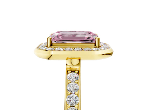 Yellow gold Fancy Pink Emerald Cut Diamond Halo Ring with Bezel Frame and Pavé Band_5