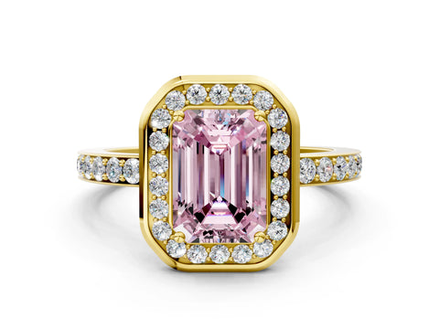 Yellow gold Fancy Pink Emerald Cut Diamond Halo Ring with Bezel Frame and Pavé Band