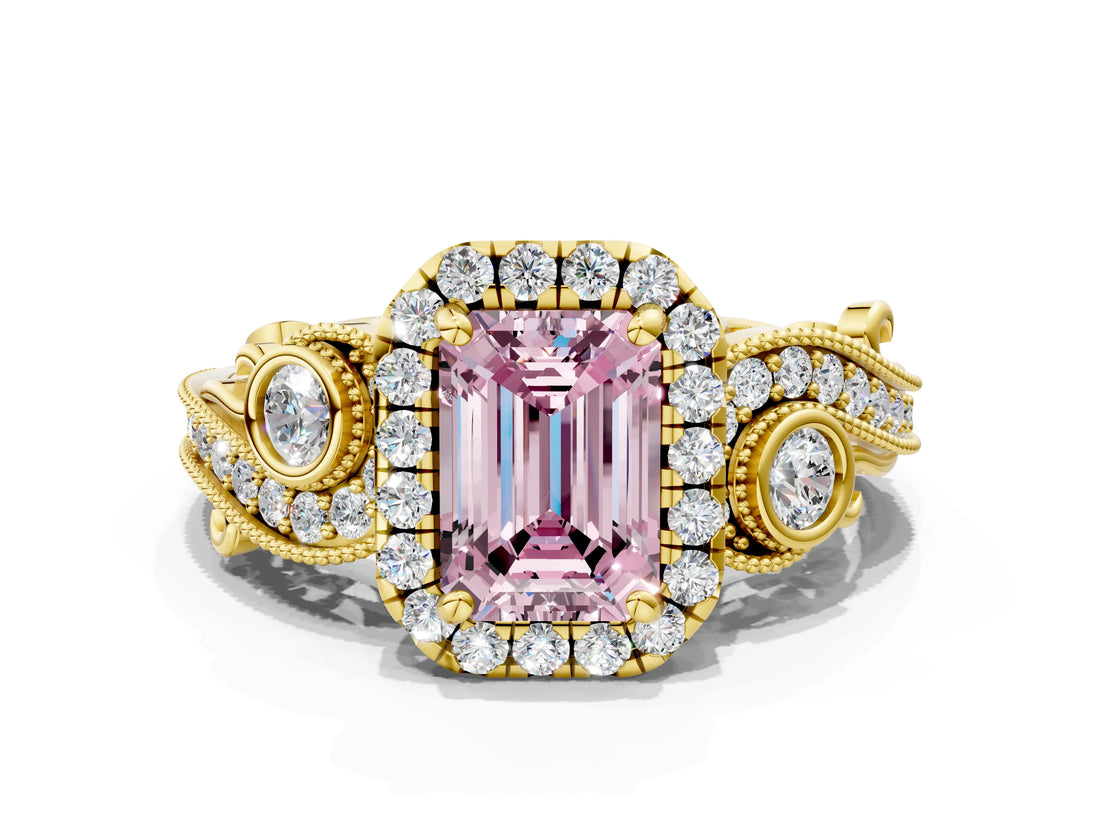 Yellow gold Fancy Pink Emerald Cut Diamond Halo Ring with Milgrain Pavé Band and Four-Prong Setting_37