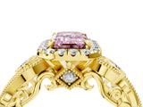 Yellow gold Fancy Pink Emerald Cut Diamond Halo Ring with Milgrain Pavé Band and Four-Prong Setting_41
