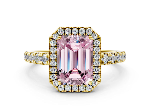Yellow gold Fancy Pink Emerald Cut Diamond Halo Ring with Pavé Band and Four-Prong Setting