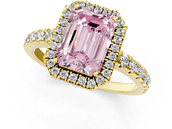 Yellow gold Fancy Pink Emerald Cut Diamond Halo Ring with Pavé Band and Four-Prong Setting
