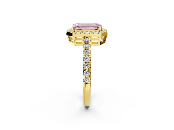 Yellow gold Fancy Pink Emerald Cut Diamond Halo Ring with Pavé Band and Four-Prong Setting