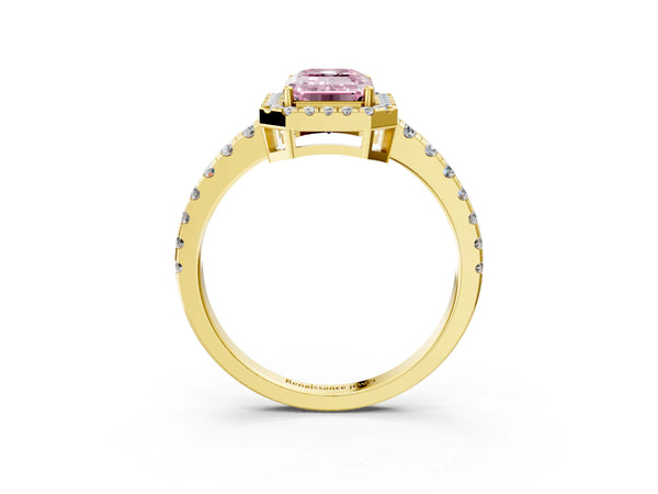 Yellow gold Fancy Pink Emerald Cut Diamond Halo Ring with Pavé Band and Four-Prong Setting