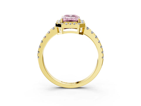 Yellow gold Fancy Pink Emerald Cut Diamond Halo Ring with Pavé Band and Four-Prong Setting_3