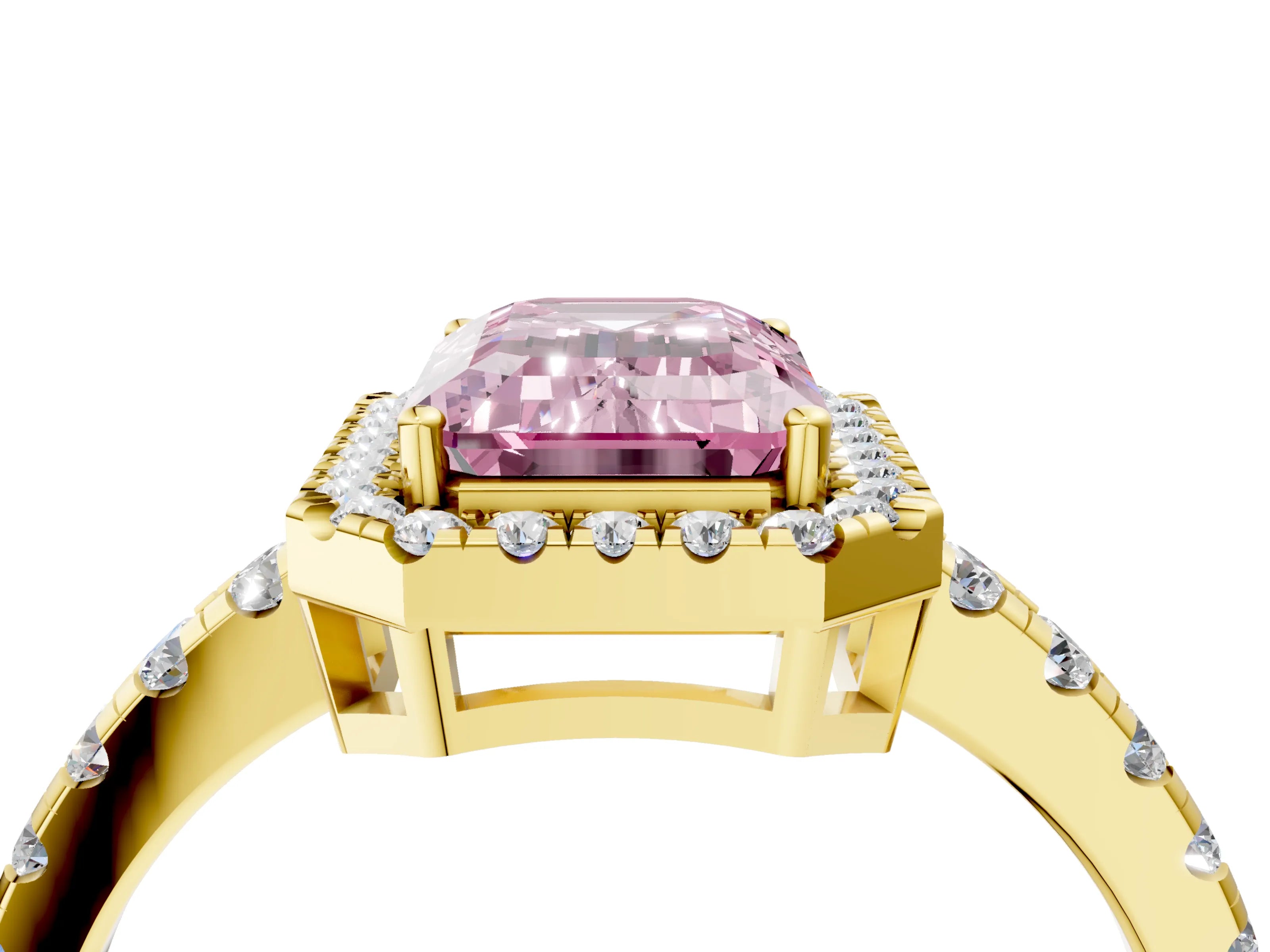 Yellow gold Fancy Pink Emerald Cut Diamond Halo Ring with Pavé Band and Four-Prong Setting_4